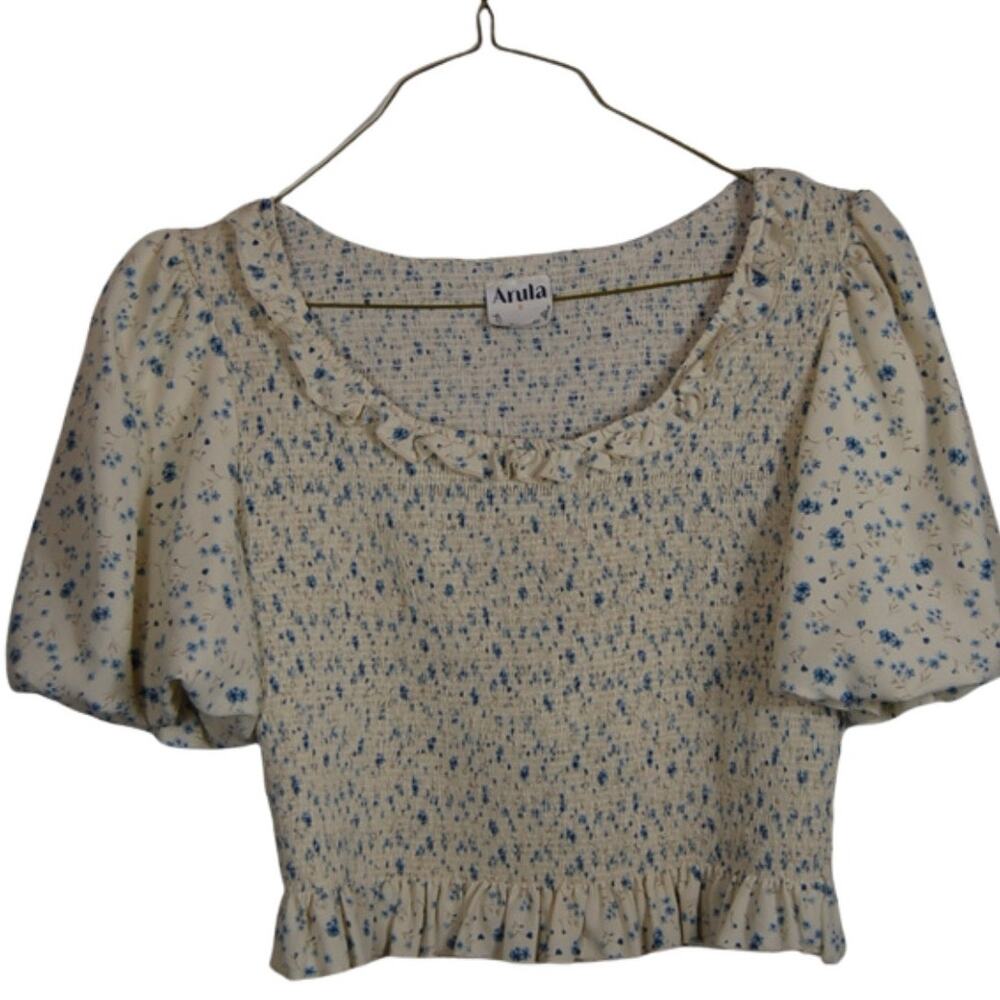 Arula x Favorite Sister Blouse Cream Blue Puff Sleeve Size XL Prairie Farmhouse - Picture 7 of 15